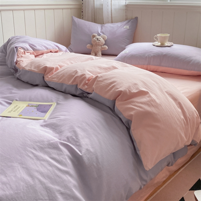 91家纺网 家纺一手货源 找家纺 蓝巢家纺 2022新款全棉水洗棉双拼款四件套 浅紫浅粉