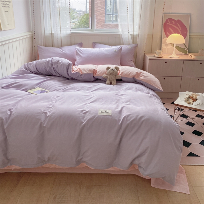 91家纺网 家纺一手货源 找家纺 蓝巢家纺 2022新款全棉水洗棉双拼款四件套 浅紫浅粉