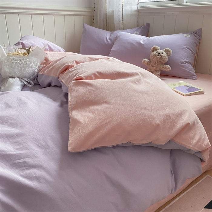 91家纺网 家纺一手货源 找家纺 蓝巢家纺 2022新款全棉水洗棉双拼款四件套 浅紫浅粉