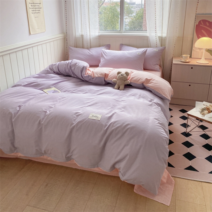 91家纺网 家纺一手货源 找家纺 蓝巢家纺 2022新款全棉水洗棉双拼款四件套 浅紫浅粉