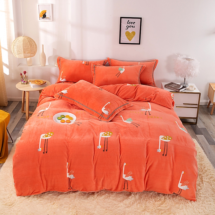 91家纺网 家纺一手货源 找家纺 尚品凤凰2025新款高克重印花牛奶绒四件套-工艺款 一见钟情-橘