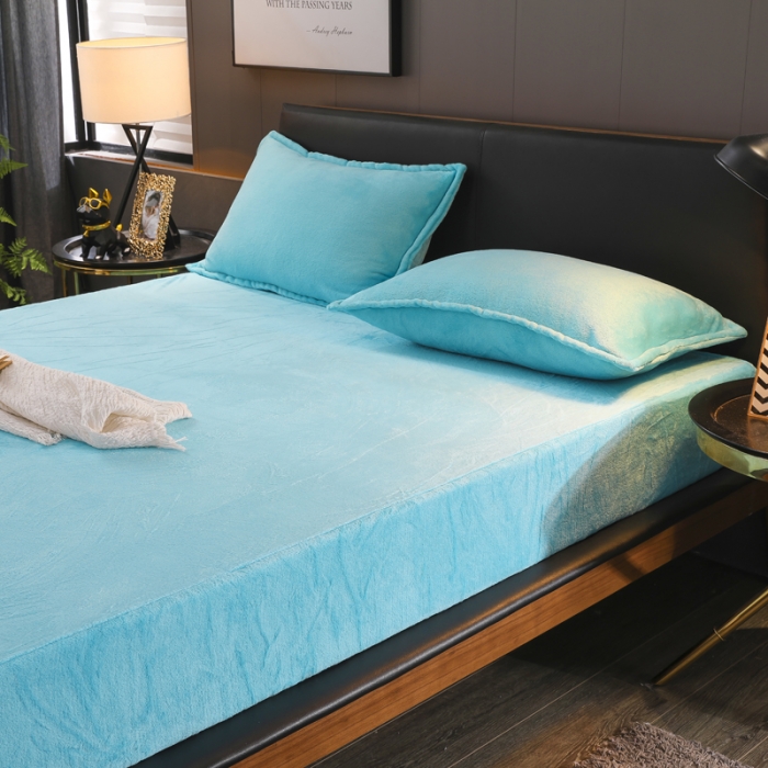 91家纺网 家纺一手货源 找家纺 简爱 2025新款双面绒纯色法莱绒单床笠 湖蓝