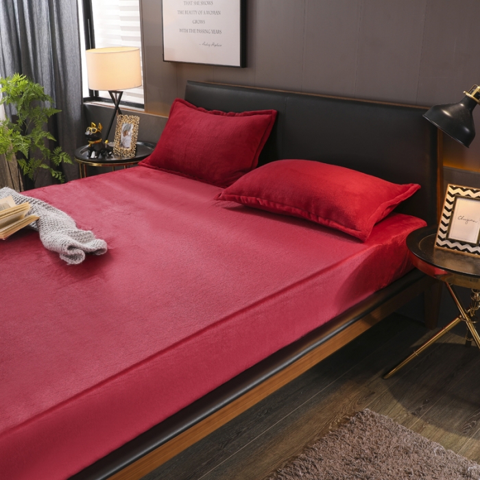 91家纺网 家纺一手货源 找家纺 简爱 2025新款双面绒纯色法莱绒单床笠 酒红