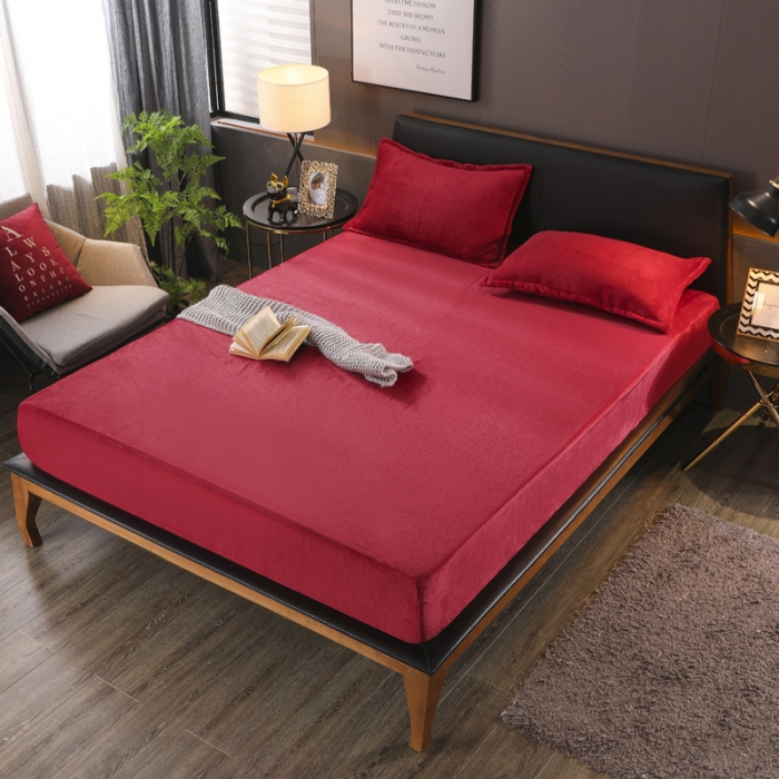 91家纺网 家纺一手货源 找家纺 简爱 2025新款双面绒纯色法莱绒单床笠 酒红