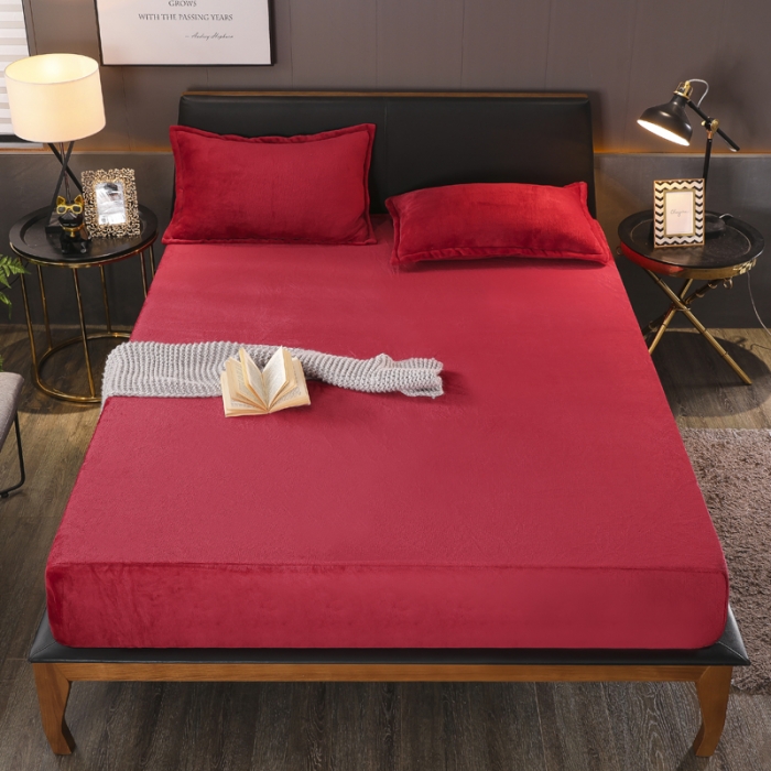 91家纺网 家纺一手货源 找家纺 简爱 2025新款双面绒纯色法莱绒单床笠 酒红