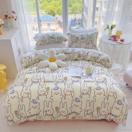 91家纺网 家纺一手货源 找家纺 珺柔2022新款牛奶绒印花四件套 兔兔乐园