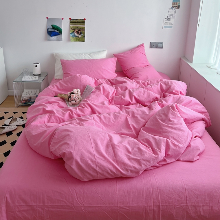 91家纺网 家纺一手货源 找家纺 全棉水洗棉纯色混搭四件套 纯色蔷薇粉