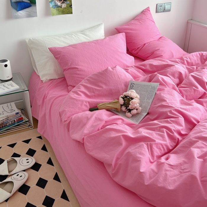 91家纺网 家纺一手货源 找家纺 全棉水洗棉纯色混搭四件套 纯色蔷薇粉