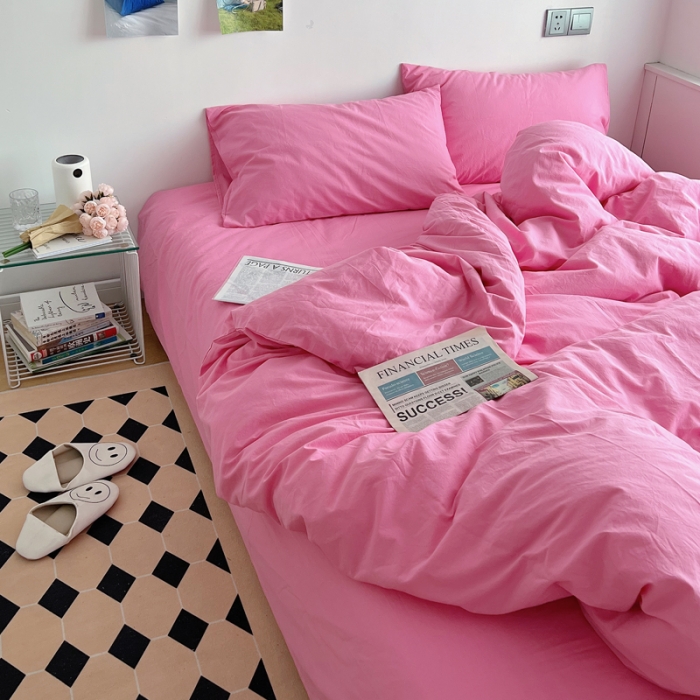 91家纺网 家纺一手货源 找家纺 全棉水洗棉纯色混搭四件套 纯色蔷薇粉