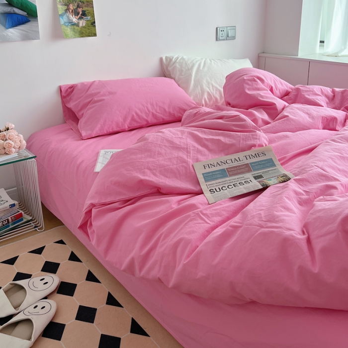 91家纺网 家纺一手货源 找家纺 全棉水洗棉纯色混搭四件套 纯色蔷薇粉