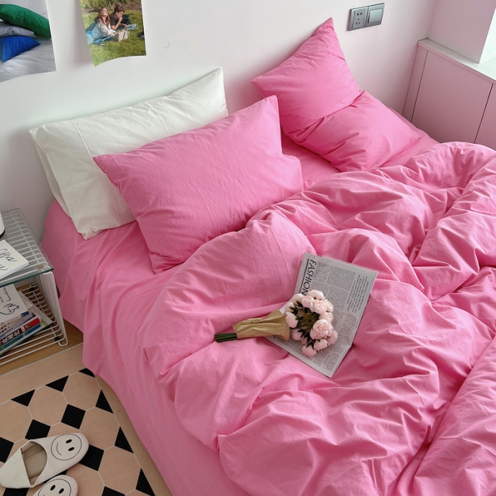 91家纺网 家纺一手货源 找家纺 全棉水洗棉纯色混搭四件套 纯色蔷薇粉