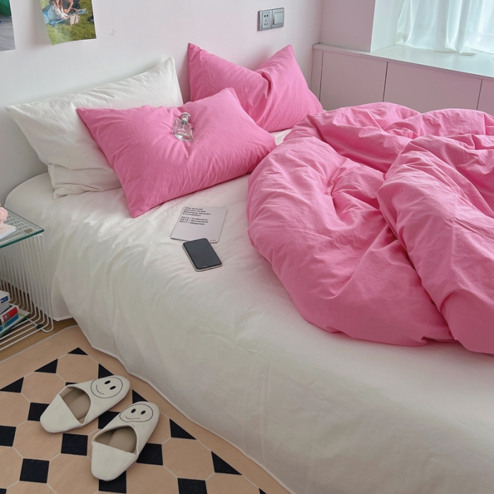 91家纺网 家纺一手货源 找家纺 全棉水洗棉纯色混搭四件套 纯色蔷薇粉白床单