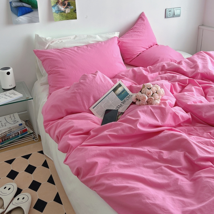 91家纺网 家纺一手货源 找家纺 全棉水洗棉纯色混搭四件套 纯色蔷薇粉白床单