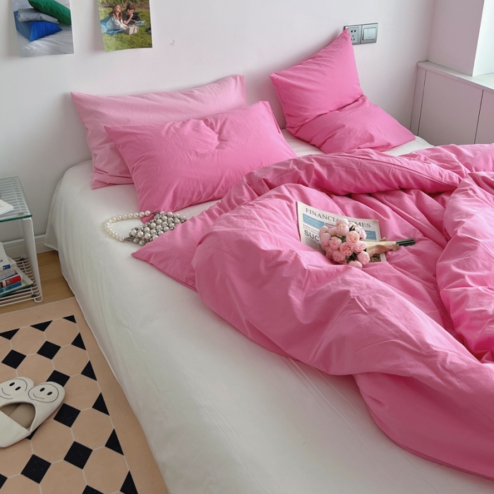 91家纺网 家纺一手货源 找家纺 全棉水洗棉纯色混搭四件套 纯色蔷薇粉白床单