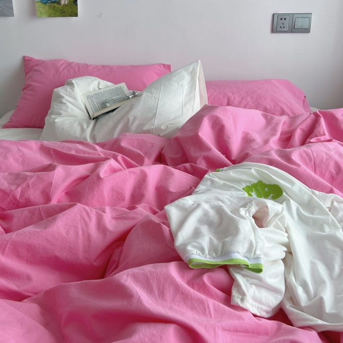 91家纺网 家纺一手货源 找家纺 全棉水洗棉纯色混搭四件套 纯色蔷薇粉白床单