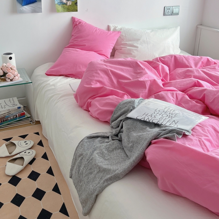 91家纺网 家纺一手货源 找家纺 全棉水洗棉纯色混搭四件套 蔷薇粉+白（枕套白+蔷薇粉）