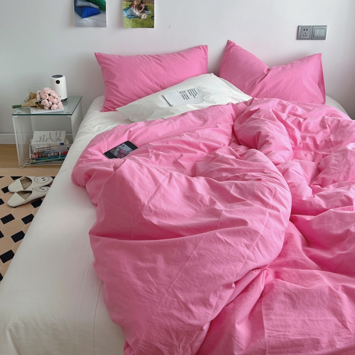 91家纺网 家纺一手货源 找家纺 全棉水洗棉纯色混搭四件套 蔷薇粉+白（枕套白+蔷薇粉）