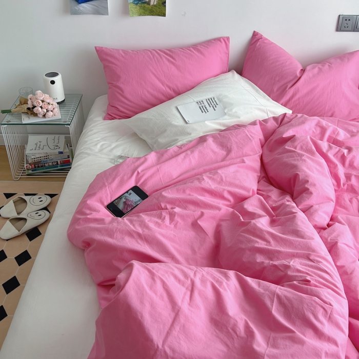 91家纺网 家纺一手货源 找家纺 全棉水洗棉纯色混搭四件套 蔷薇粉+白（枕套白+蔷薇粉）