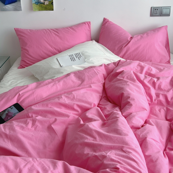 91家纺网 家纺一手货源 找家纺 全棉水洗棉纯色混搭四件套 蔷薇粉+白（枕套白+蔷薇粉）