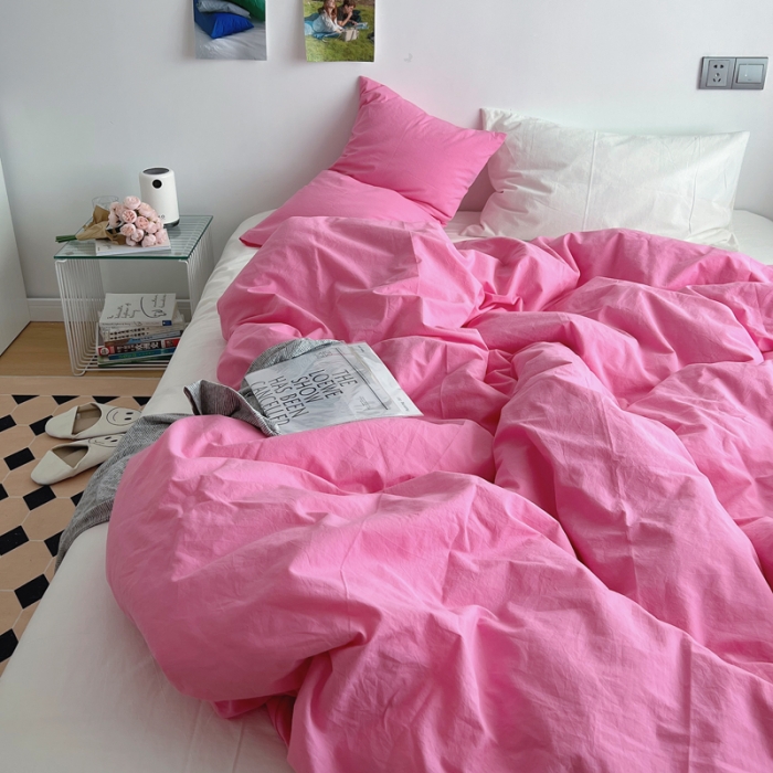 91家纺网 家纺一手货源 找家纺 全棉水洗棉纯色混搭四件套 蔷薇粉+白（枕套白+蔷薇粉）