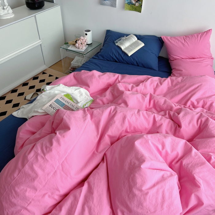 91家纺网 家纺一手货源 找家纺 全棉水洗棉纯色混搭四件套 蔷薇粉（枕套克莱因蓝+蔷薇粉）