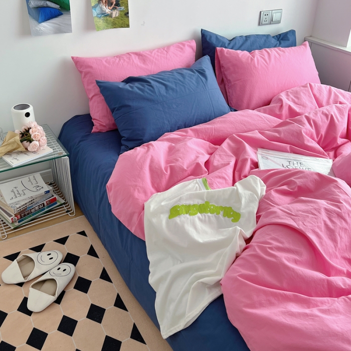 91家纺网 家纺一手货源 找家纺 全棉水洗棉纯色混搭四件套 蔷薇粉（枕套克莱因蓝+蔷薇粉）