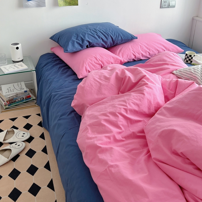 91家纺网 家纺一手货源 找家纺 全棉水洗棉纯色混搭四件套 蔷薇粉（枕套克莱因蓝+蔷薇粉）