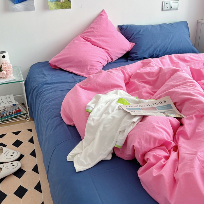 91家纺网 家纺一手货源 找家纺 全棉水洗棉纯色混搭四件套 蔷薇粉（枕套克莱因蓝+蔷薇粉）