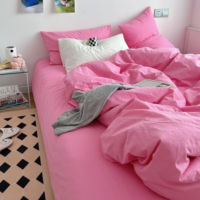 91家纺网 家纺一手货源 找家纺 全棉水洗棉纯色混搭四件套 蔷薇粉（枕套蔷薇粉+白色）