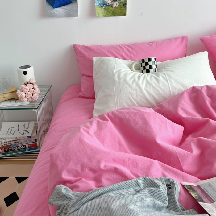 91家纺网 家纺一手货源 找家纺 全棉水洗棉纯色混搭四件套 蔷薇粉（枕套蔷薇粉+白色）