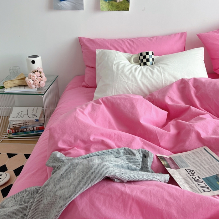 91家纺网 家纺一手货源 找家纺 全棉水洗棉纯色混搭四件套 蔷薇粉（枕套蔷薇粉+白色）