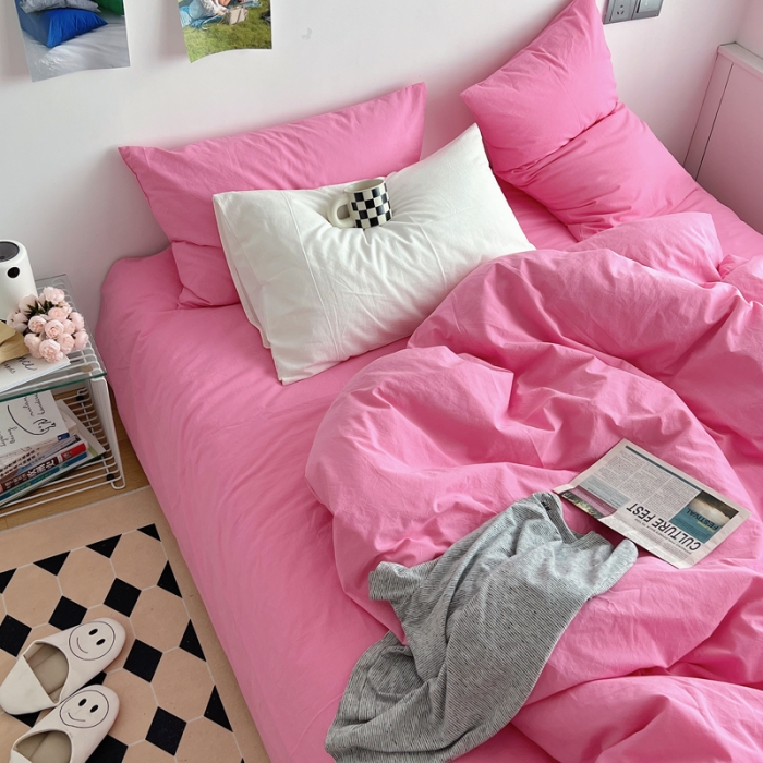 91家纺网 家纺一手货源 找家纺 全棉水洗棉纯色混搭四件套 蔷薇粉（枕套蔷薇粉+白色）