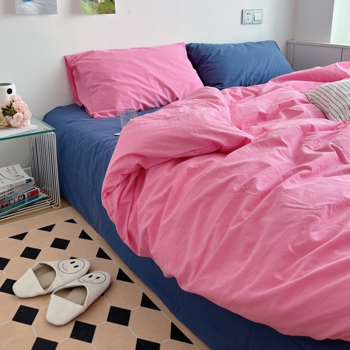 91家纺网 家纺一手货源 找家纺 全棉水洗棉纯色混搭四件套 蔷薇粉+克莱因蓝（枕套蔷薇粉+克莱因蓝）