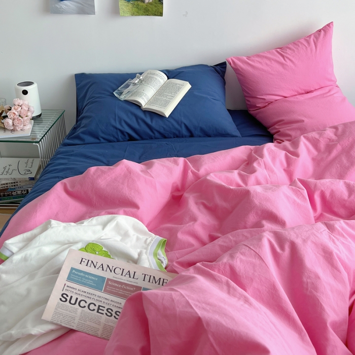 91家纺网 家纺一手货源 找家纺 全棉水洗棉纯色混搭四件套 蔷薇粉+克莱因蓝（枕套蔷薇粉+克莱因蓝）