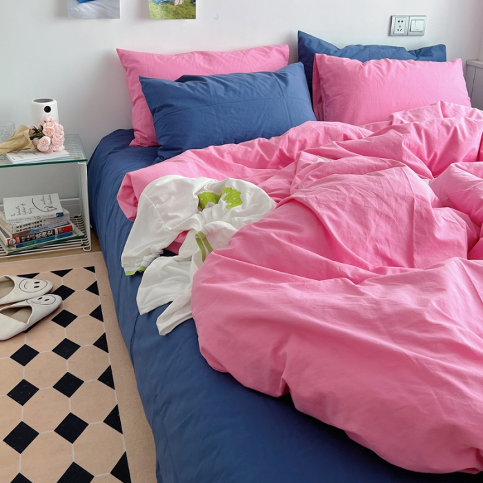 91家纺网 家纺一手货源 找家纺 全棉水洗棉纯色混搭四件套 蔷薇粉+克莱因蓝（枕套蔷薇粉+克莱因蓝）