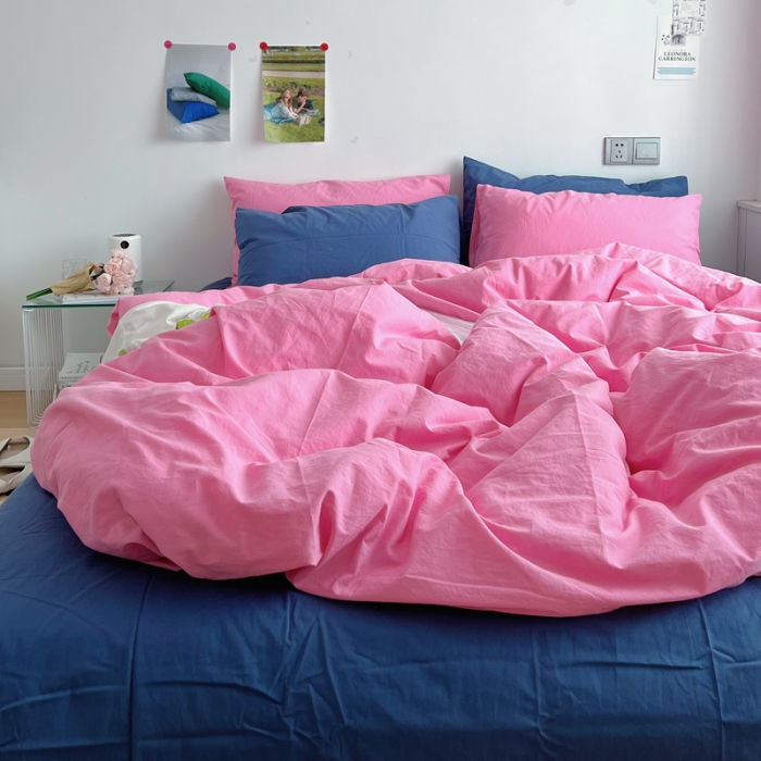 91家纺网 家纺一手货源 找家纺 全棉水洗棉纯色混搭四件套 蔷薇粉+克莱因蓝（枕套蔷薇粉+克莱因蓝）