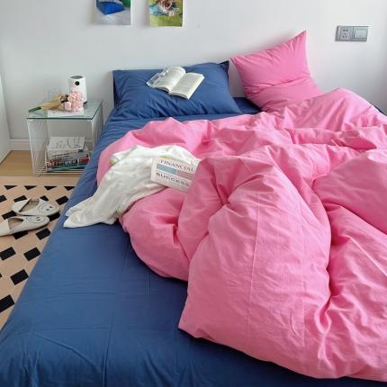 全棉水洗棉纯色混搭四件套 蔷薇粉+克莱因蓝（枕套蔷薇粉+克莱因蓝）