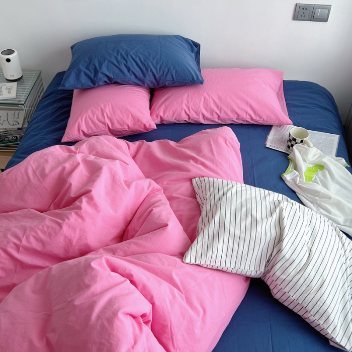 91家纺网 家纺一手货源 找家纺 艾沁  全棉水洗棉纯色混搭四件套 蔷薇粉+克莱因蓝（枕套一对克莱因蓝）