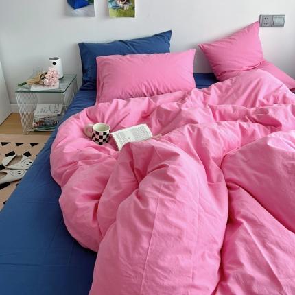 艾沁 全棉水洗棉纯色混搭四件套 蔷薇粉+克莱因蓝（枕套一对蔷薇粉）