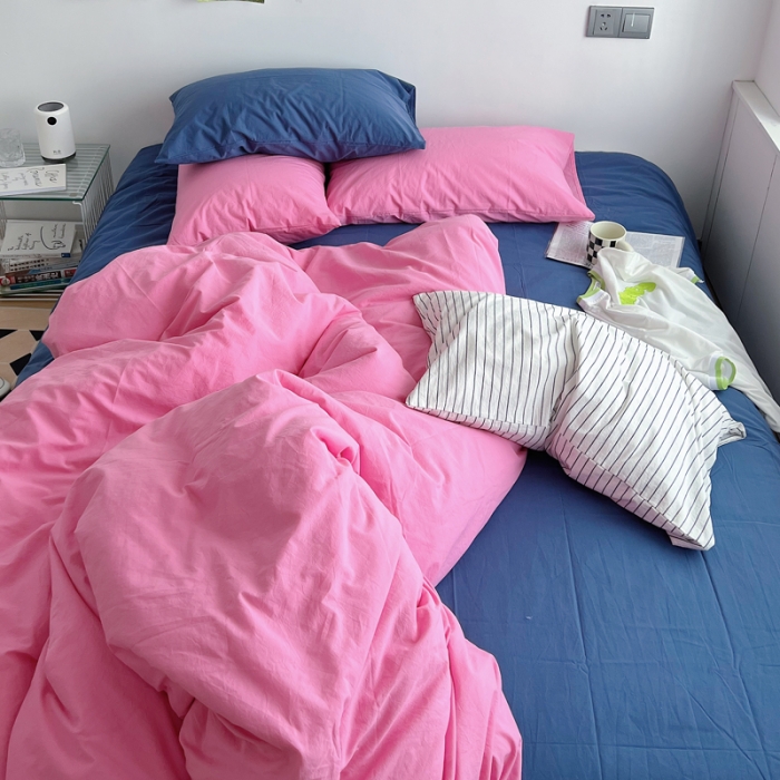 91家纺网 家纺一手货源 找家纺 艾沁 全棉水洗棉纯色混搭四件套 蔷薇粉+克莱因蓝（枕套一对蔷薇粉）