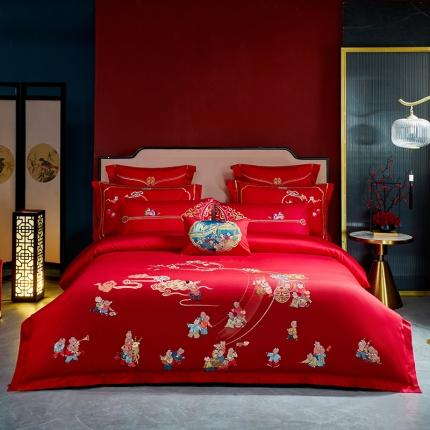 91家纺网 家纺一手货源 找家纺 红番天热卖款全工艺喷气长绒棉婚庆四件套多件套二 迎春纳福