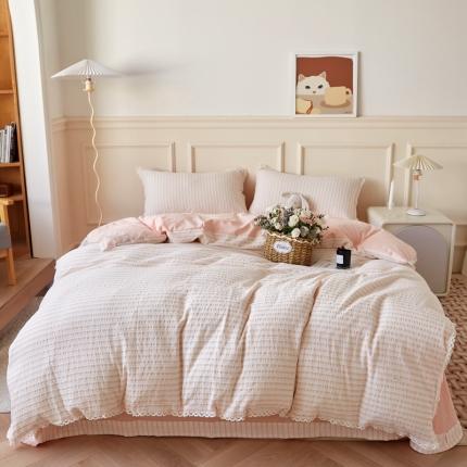 91家纺网 家纺一手货源 找家纺 【直播爆款】2023新款锦瑟花边全棉水洗棉色织提花四件套