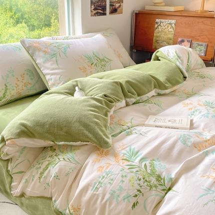 91家纺网 家纺一手货源 找家纺 百寐 22a13372全棉印花b加厚牛奶绒床笠棉加绒四件套