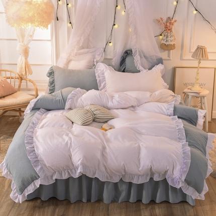 91家纺网 家纺一手货源 找家纺 2023新款韩式公主风水洗棉单层荷叶边拼色陌上花开系列白＋灰