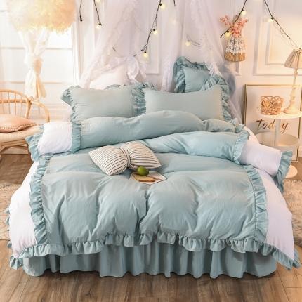 91家纺网 家纺一手货源 找家纺 2023新款韩式公主风水洗棉单层荷叶边拼色陌上花开系列 豆绿