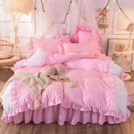 91家纺网 家纺一手货源 找家纺 2023新款韩式公主风水洗棉单层荷叶边拼色陌上花开系列 粉色