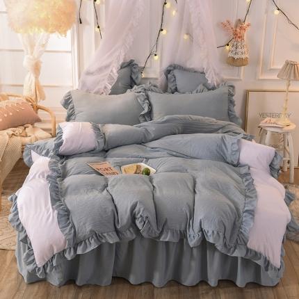 91家纺网 家纺一手货源 找家纺 2023新款韩式公主风水洗棉单层荷叶边拼色陌上花开系列 灰色