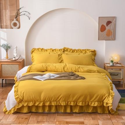 91家纺网 家纺一手货源 找家纺 2023新款韩式公主风水洗棉单层荷叶边拼色陌上花开系列 姜黄