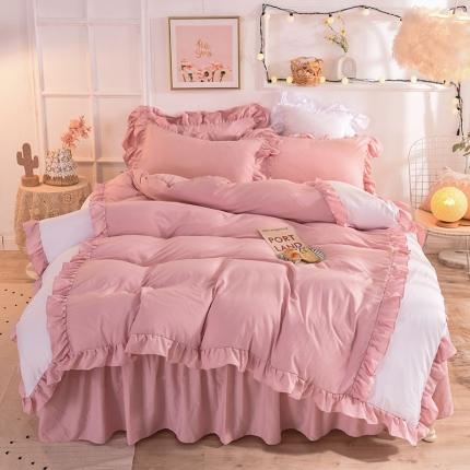 91家纺网 家纺一手货源 找家纺 2023新款韩式公主风水洗棉单层荷叶边拼色陌上花开系列 裸粉