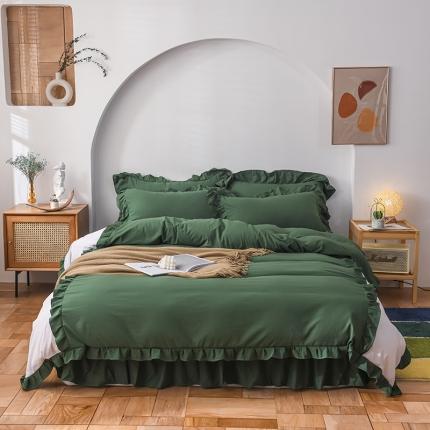 91家纺网 家纺一手货源 找家纺 2023新款韩式公主风水洗棉单层荷叶边拼色陌上花开系列 墨绿